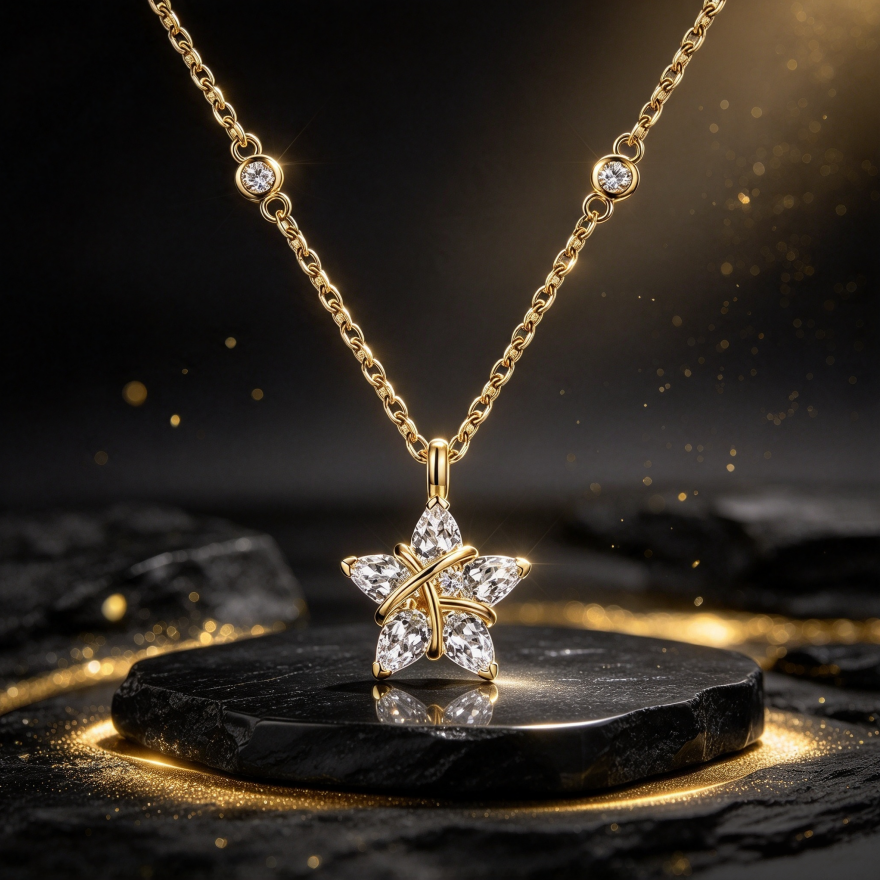 Wrapped Star Full Diamond S925 Silver Necklace, Gold & Silver Two-Tone Star Pendant Choker, Luxury Versatile Ladies Neck Chain
