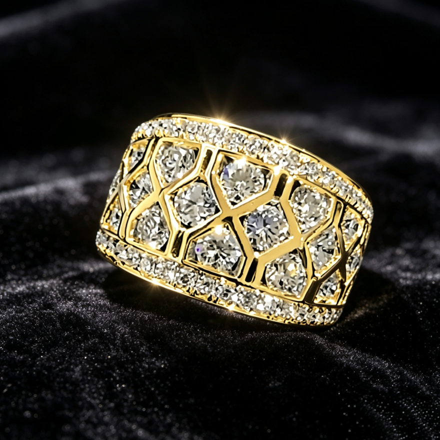 S925 Silver Grid Hollow Full‑Paved Wide Ring, Hip‑Hop Multi‑Stone Paved Men Band