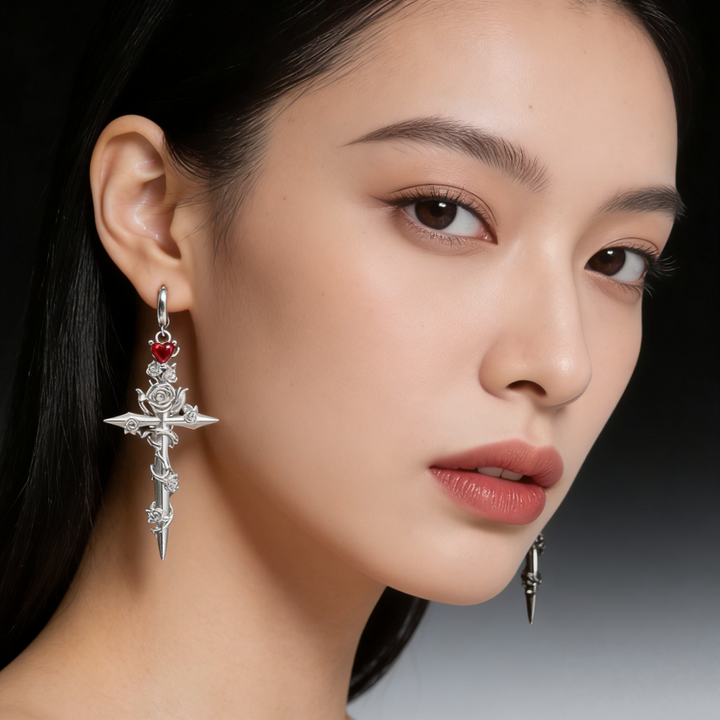 Gothic Rose Cross Sword Earrings (Edgy Punk Statement Hoops)