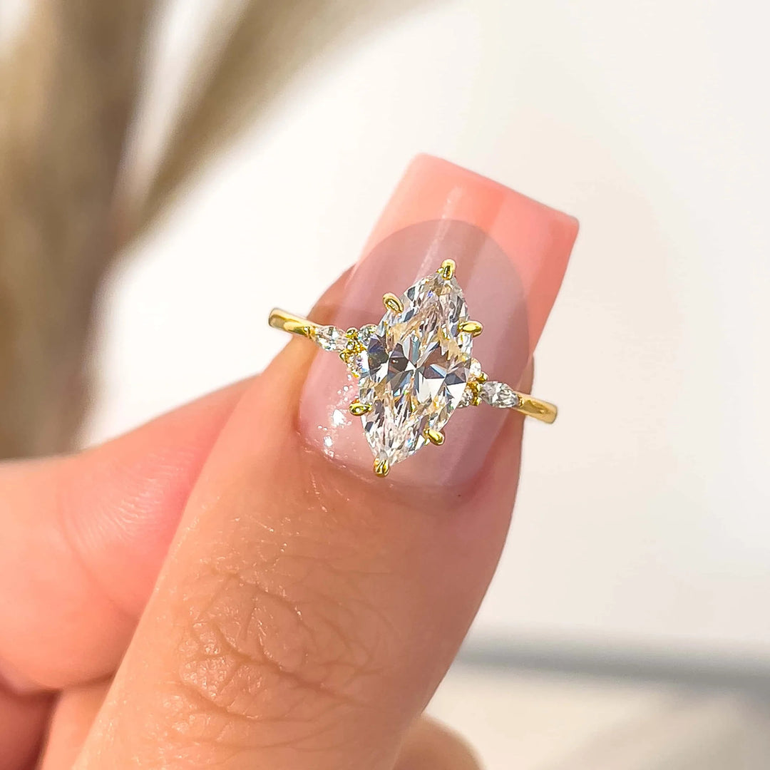 Marquise Main Stone V-shaped Paved Diamond Ring Set, Luxury Two Stackable Diamond Rings, Gold & Silver Two Tones Available