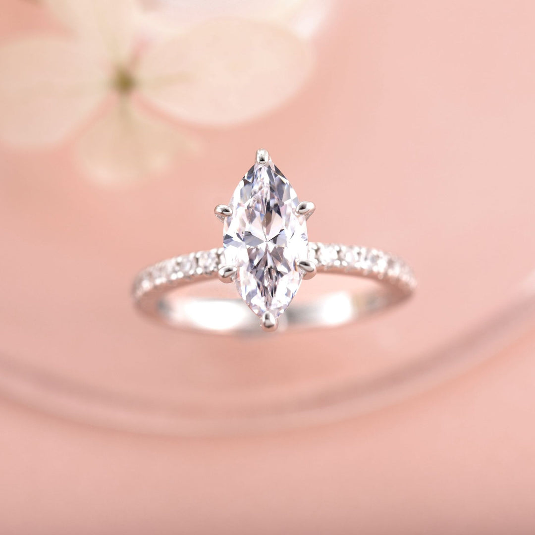 Marquise Cut Six-Prong Paved Thin Shank Ring, Gold & Silver Elegant Engagement Band for Women