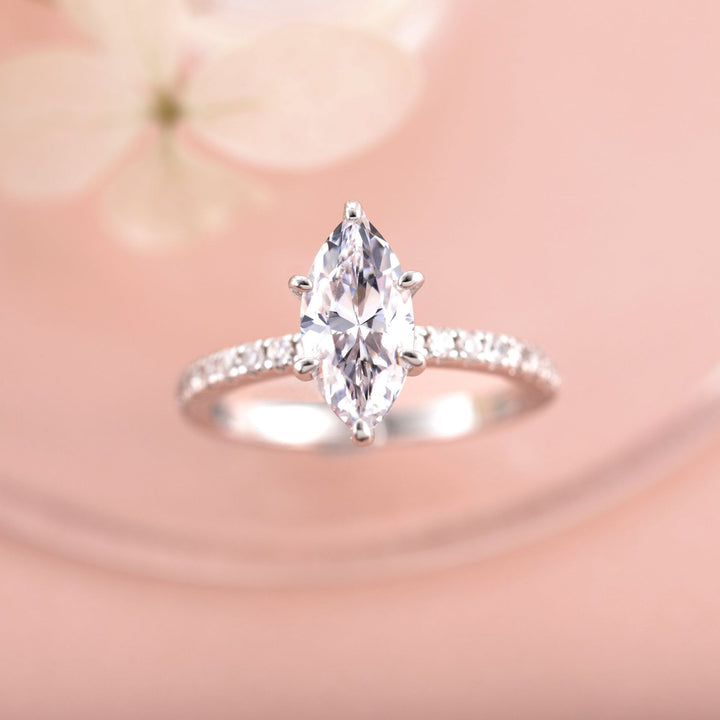 Marquise Cut Six-Prong Paved Thin Shank Ring, Gold & Silver Elegant Engagement Band for Women