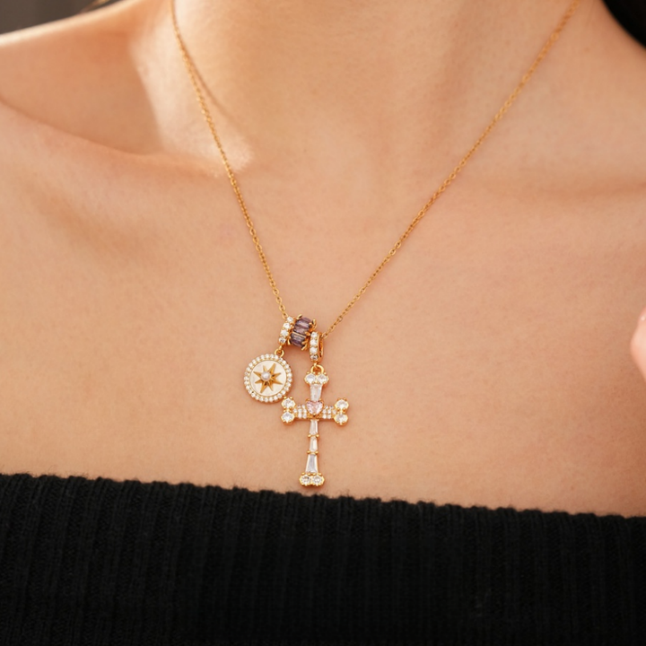 Vintage Eight-pointed Star & Multi-stone Cross Pendant Necklace, Luxury Diamond Faith Jewelry