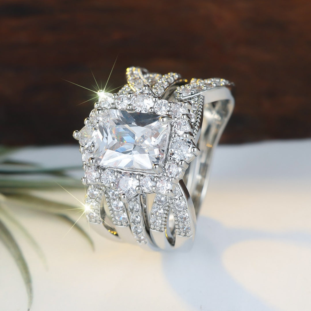 Radiant Cut Rectangle DiamondDouble Stackable Bridal Ring Set, Solid S925 Silver Gold & Silver Two-Tone Pave Crystal Engagement 2-Piece Band