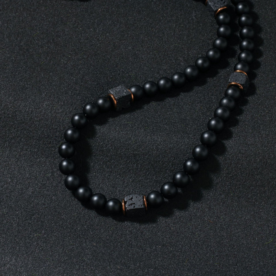 Matte Black Lava Stone Men Bracelet & Necklace Set, Vintage Frosted Beads Neutral Adjustable Jewelry Set