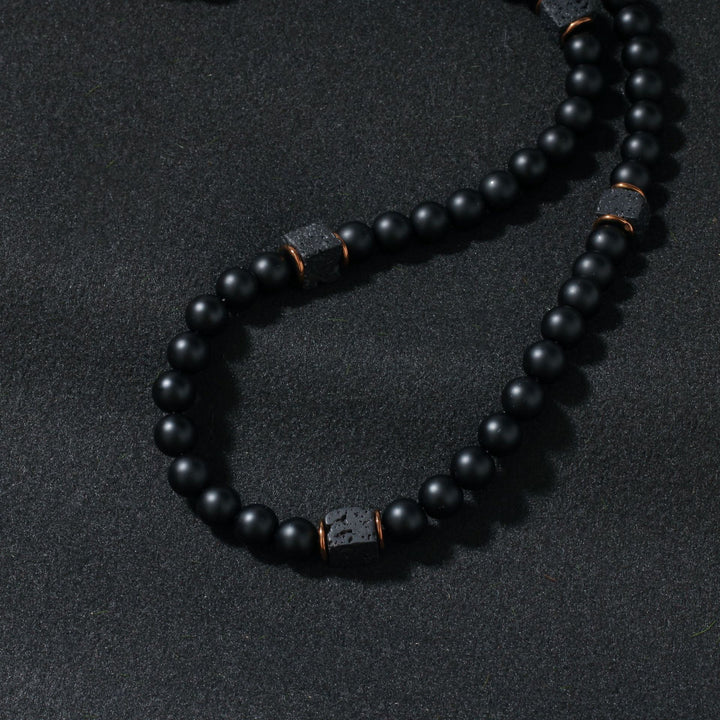 Matte Black Lava Stone Men Bracelet & Necklace Set, Vintage Frosted Beads Neutral Adjustable Jewelry Set