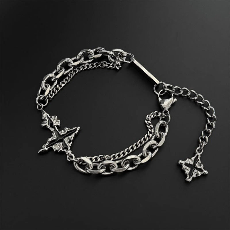 Hip Hop Double Layer Four-Pointed Star Necklace & Bracelet Set, Vintage Silver Enamel Star Unisex Street Accessories