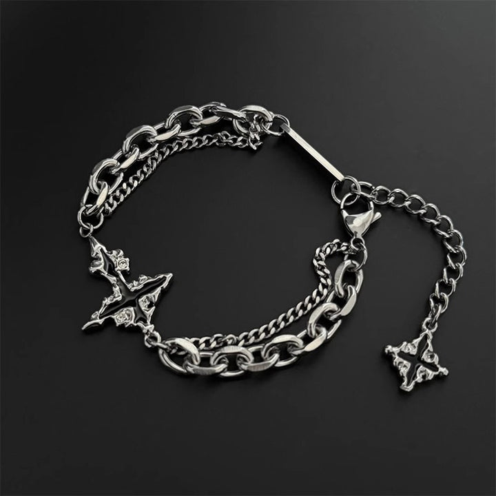 Hip Hop Double Layer Four-Pointed Star Necklace & Bracelet Set, Vintage Silver Enamel Star Unisex Street Accessories