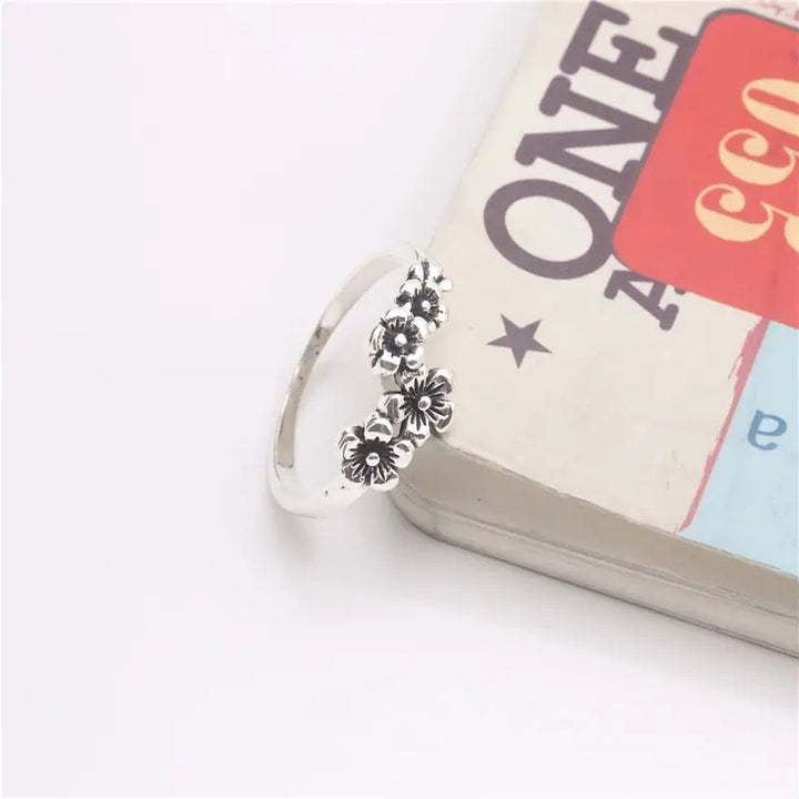 Vintage Antiqued Four Plum Blossom Ring, Forest-style Retro Silver Band