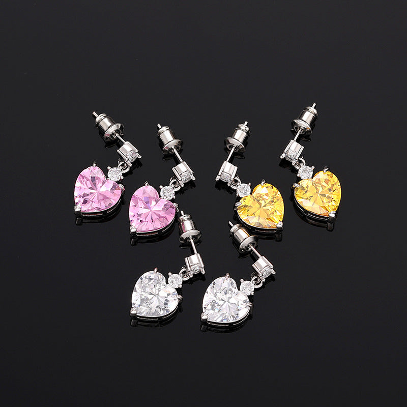 3-Stone Heart Diamond Dangle S925 Silver Stud Earrings, Multi-color Heart Cut Main Stone Luxury Earrings