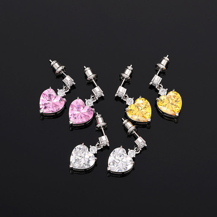 3-Stone Heart Diamond Dangle S925 Silver Stud Earrings, Multi-color Heart Cut Main Stone Luxury Earrings
