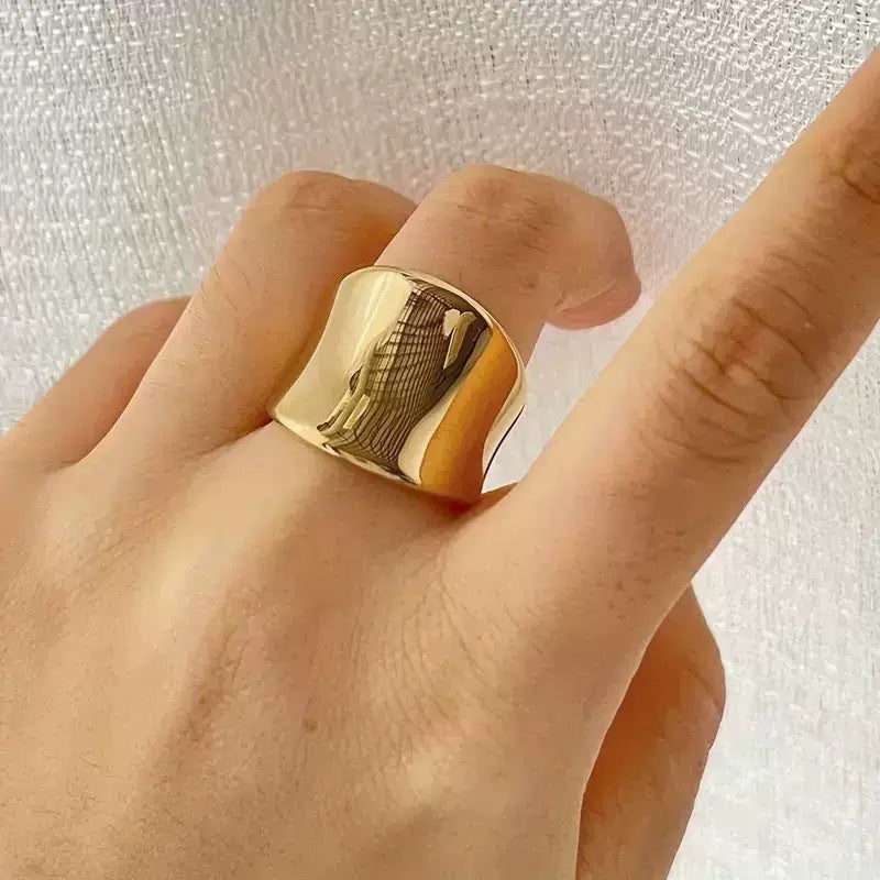 Minimalist Curved Polished Wide Band Ring, S925 Silver Gold & Silver Tone Luxury Unisex Ring
