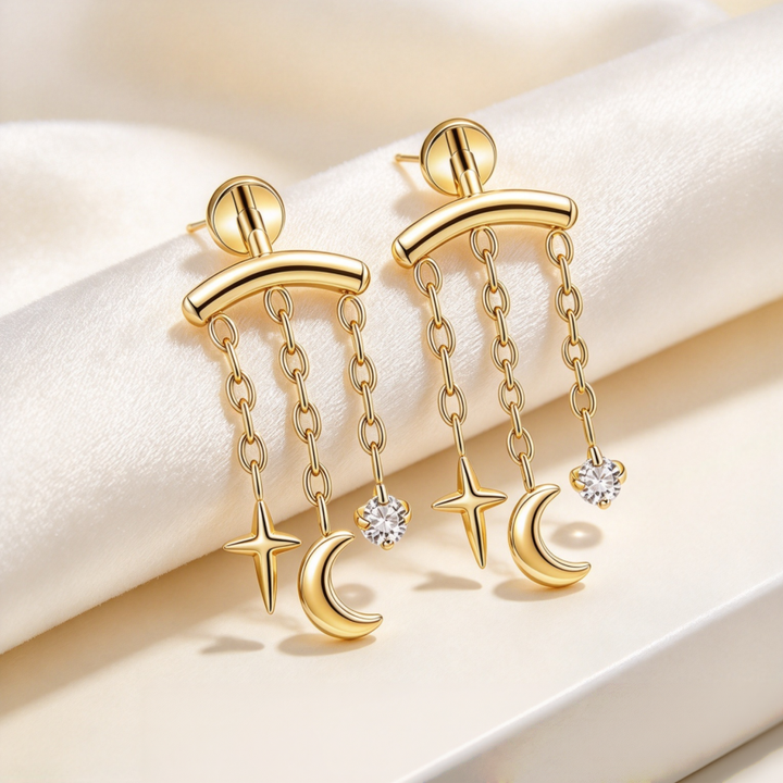 Star Moon Triple Chain Tassel S925 Silver Stud Earrings, Curved Bar Cross Star Moon Diamond Pair Earrings, Gold & Silver Two Tones