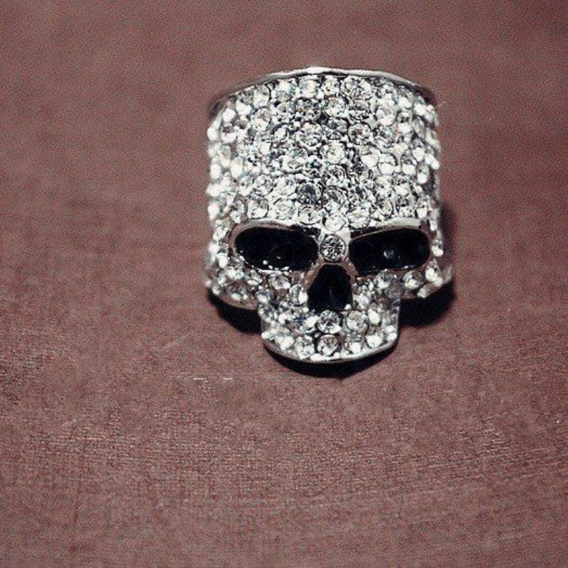 Full Paved Skull S925 Silver Ring, Dark Punk Style 3D Diamond Inlaid Band, Gold Silver Black Three Tones Halloween Statement Ring