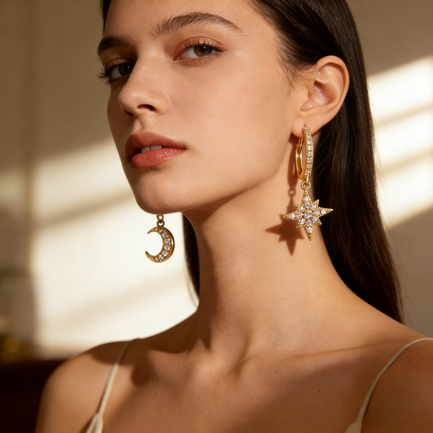 Asymmetric Moon & Star Diamond Huggie Earrings (2 Colors Delicate Dangle Hoops)
