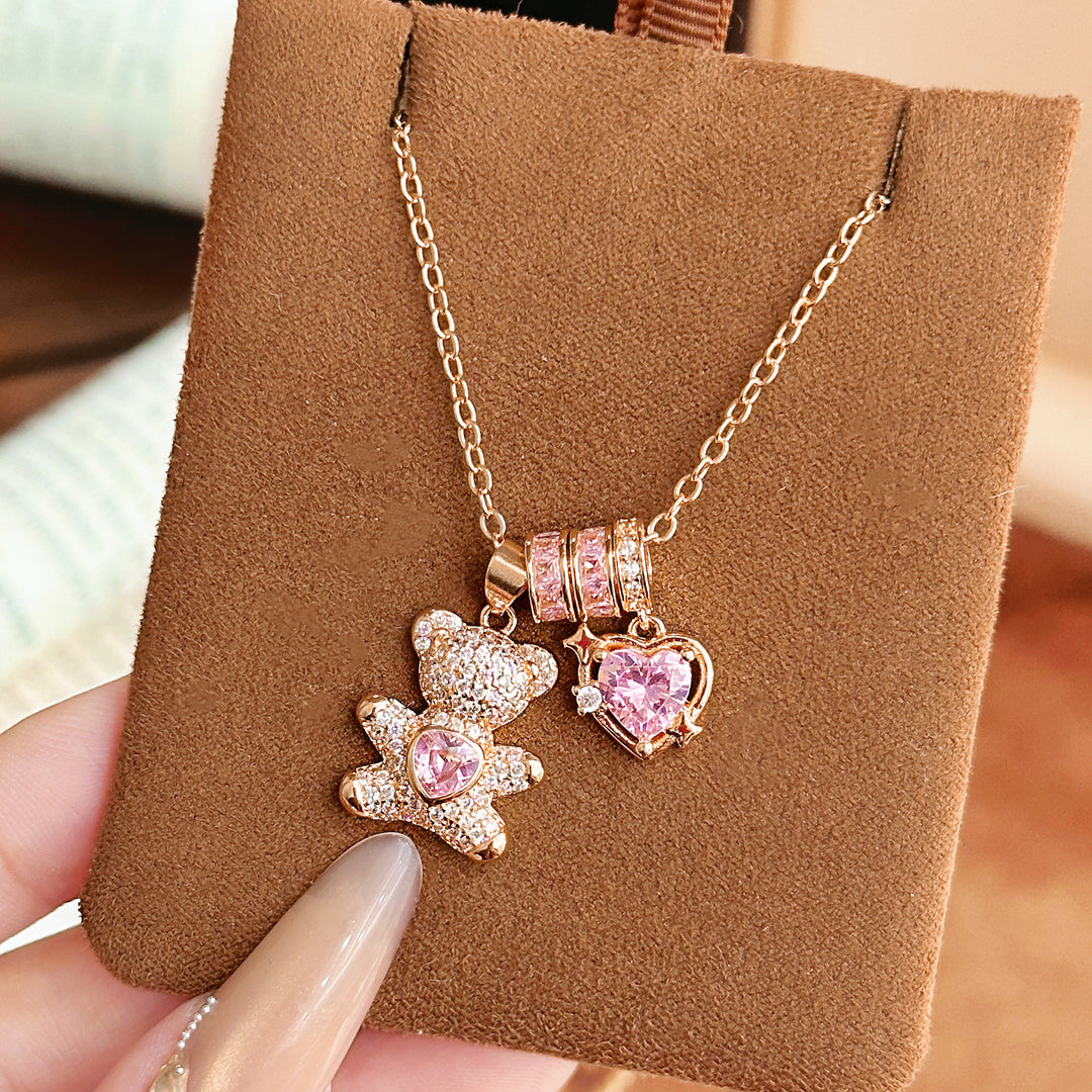 Cute Pave‑Set Bear & Heart Pendant Necklace, Gold & Silver‑Tone Options