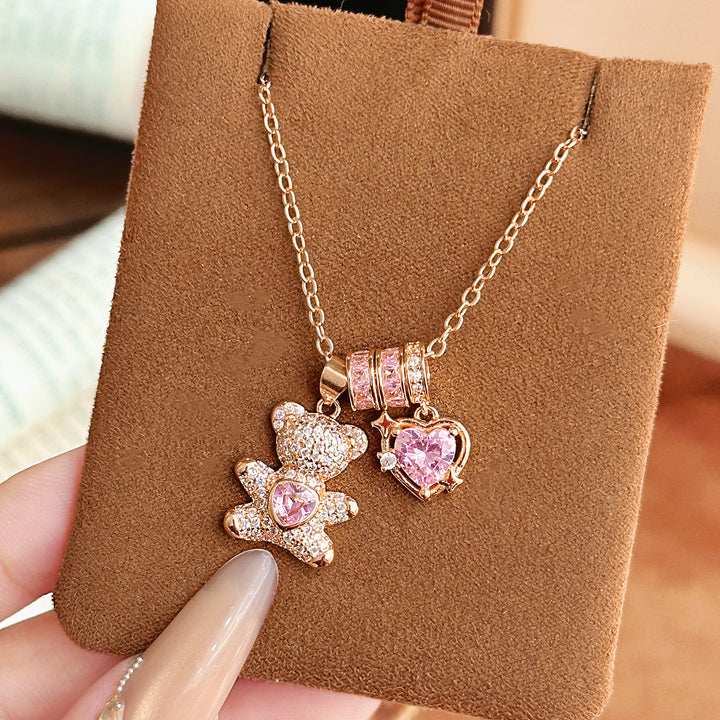 Cute Pave‑Set Bear & Heart Pendant Necklace, Gold & Silver‑Tone Options