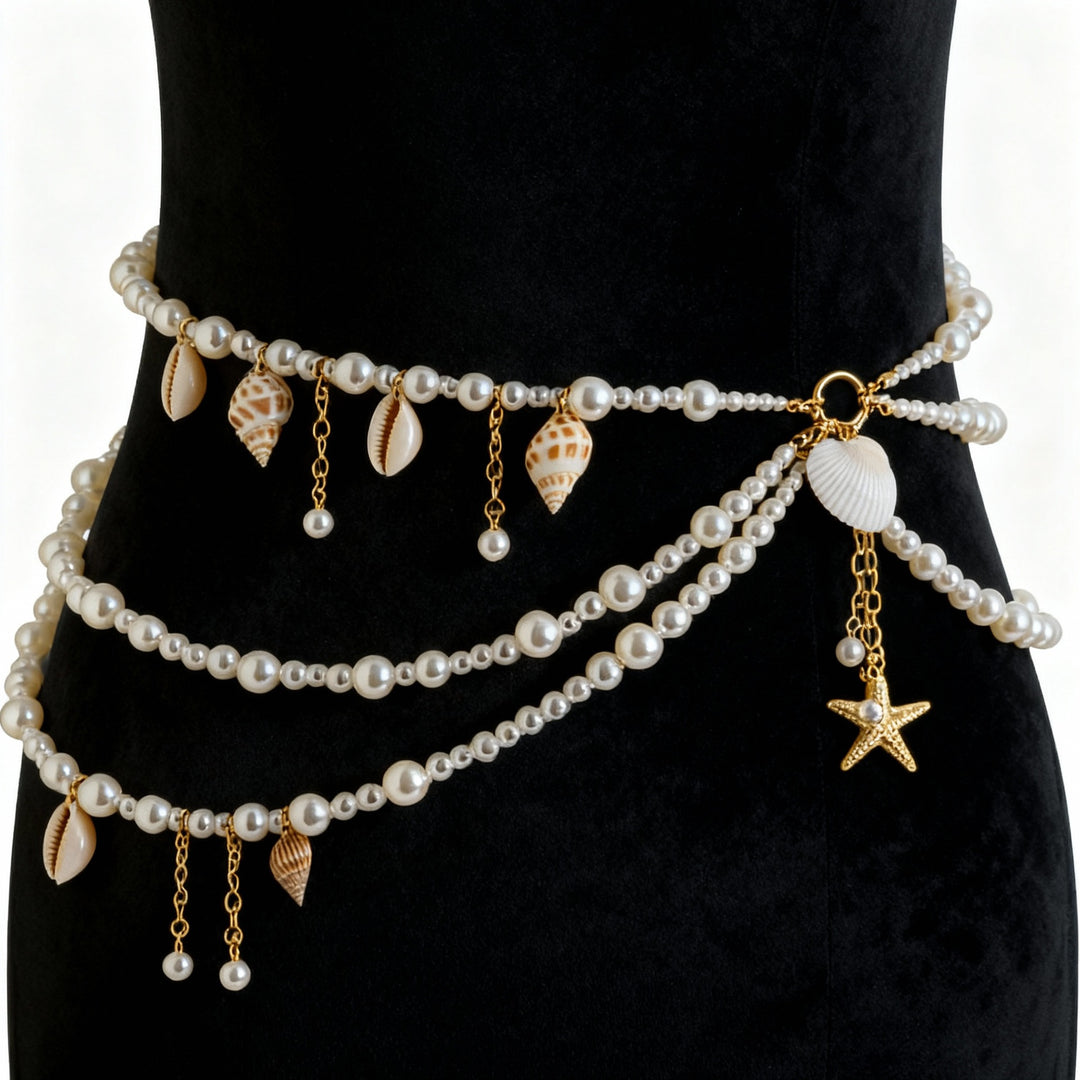 Ocean Themed Multi-Layer Pearl & Shell Waist Chain (Bohemian Beach Belt)