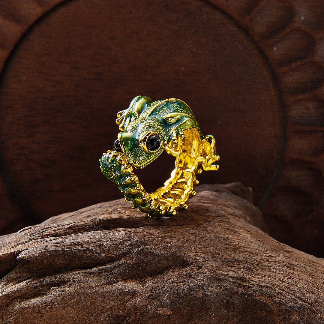 3D Chameleon Adjustable Open Ring, S925 Silver Gold-Plated & Antiqued Silver Forest Animal Unisex Band