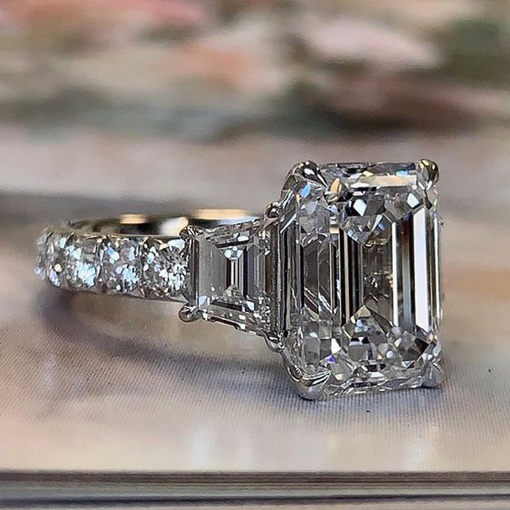 Emerald‑Cut Three‑Stone Diamond S925 Sterling Silver Engagement Ring