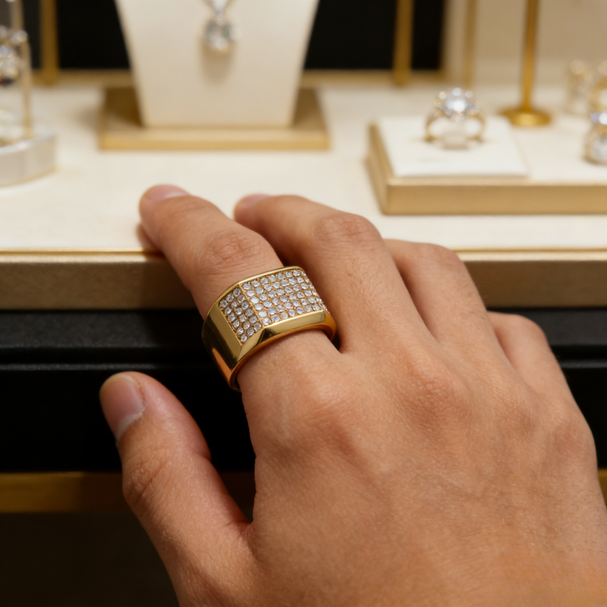 Hip-Hop Square Pavé Ring (Street Style Unisex Statement Band)