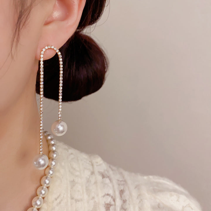 Pavé U-Shape Pearl Drop Threader Earrings (2 Colors Delicate Luxury Jewelry)