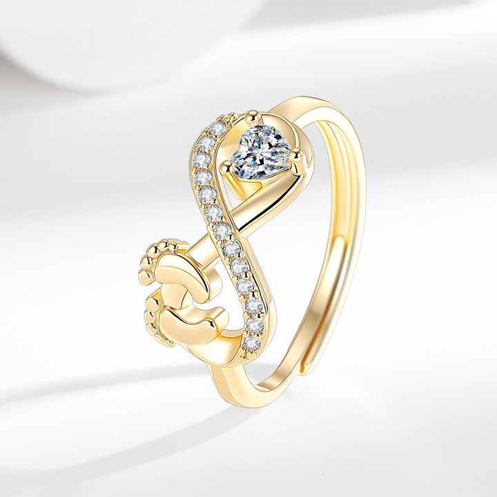 S925 Silver Heart Diamond Baby Footprint Open Ring (Luxury Memorial Band)
