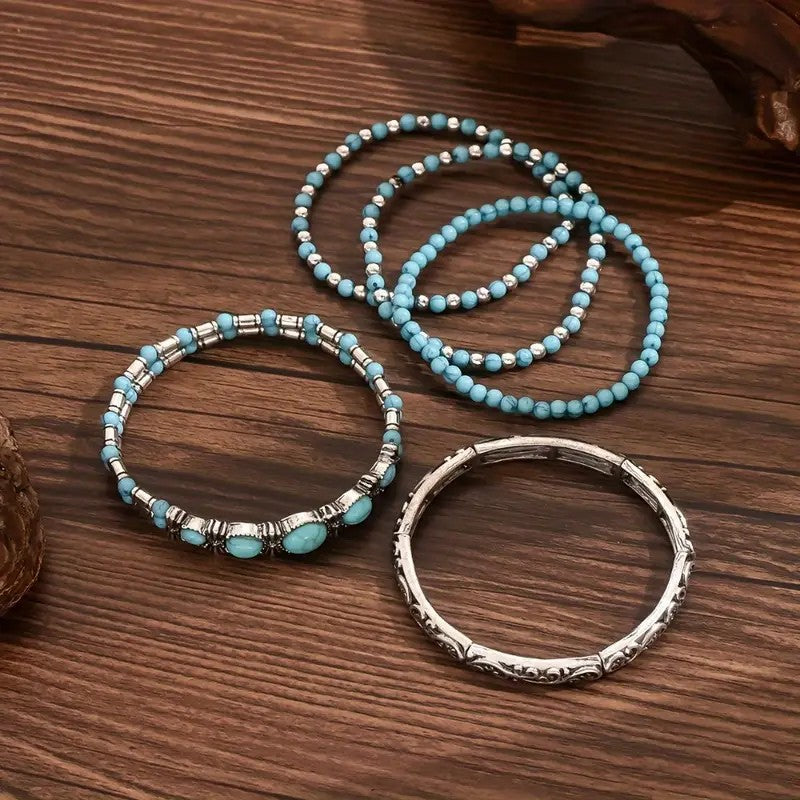 Bohemian Turquoise Multi-Layer Bracelet Set, Vintage Antique Silver Ethnic Stackable Beaded Bracelets, Women Vacation Jewelry