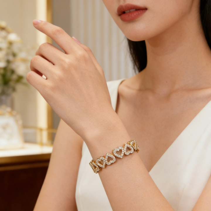 Heart Pavé Tennis Bracelet (3 Tone Delicate Romantic Bangle)