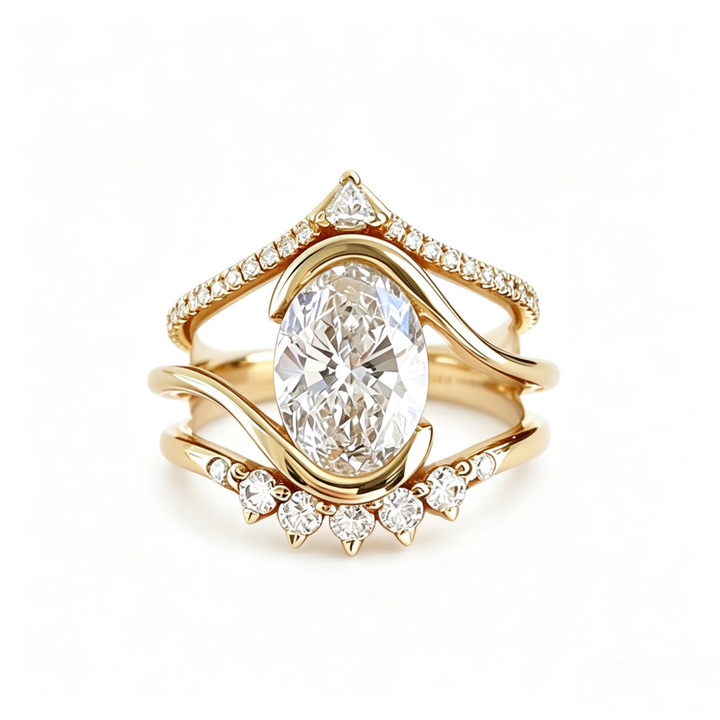Gold Oval‑Stone Wave Stackable Ring Set
