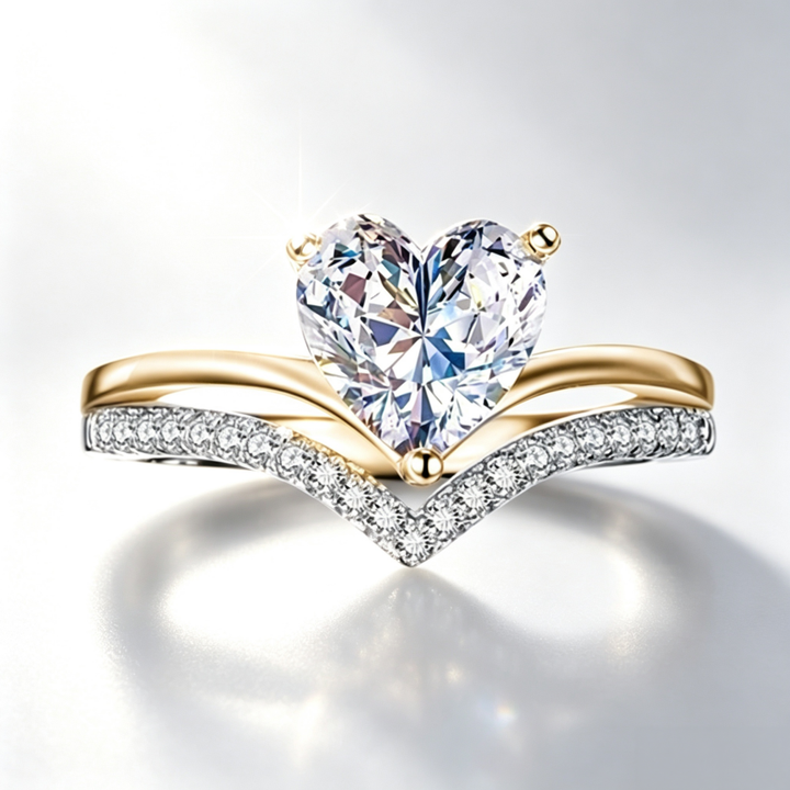 Heart‑Cut Center Stone V‑Shaped Paved Stackable Ring Set, Three‑Color Options