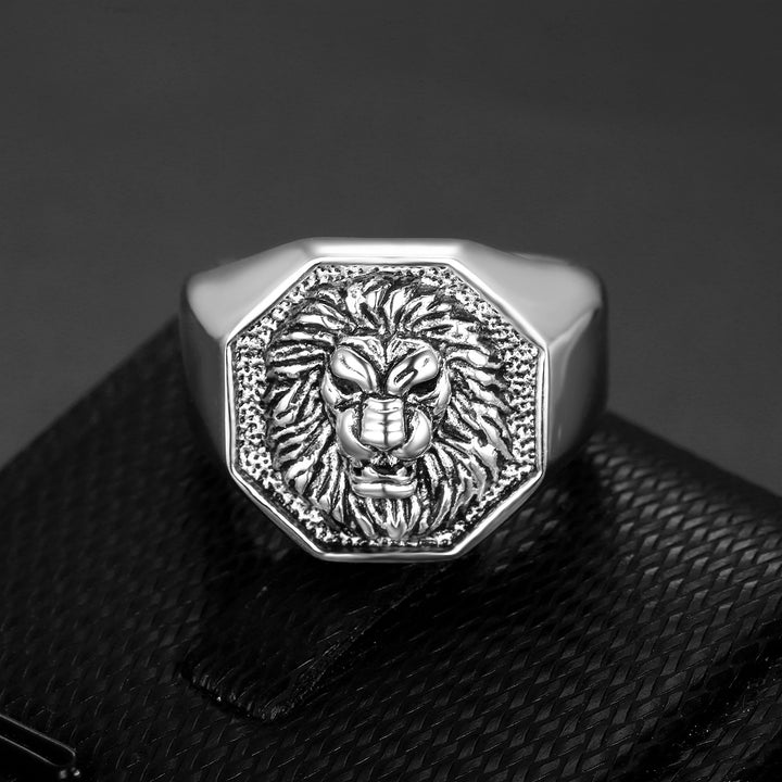 3D Lion Head Embossed Octagon Signet Ring, S925 Silver Full Gold / Silver / Silver-Gold Contrast Bold Men’s Band