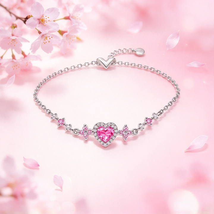 S925 Silver Pink Heart Diamond Choker, Sweet Floral Pink Diamond Necklace for Women, Gold & Silver Two Tones