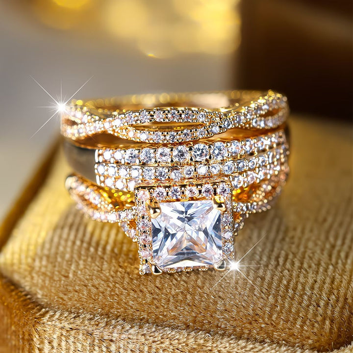 Square Center Stone Paved Three-Piece Ring Set, Luxury Stackable Engagement Ring Set