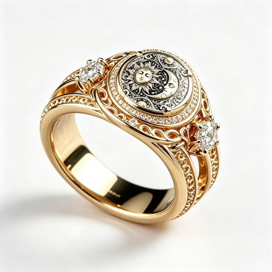 Vintage Sun Moon Embossed Hollow Diamond Ring, S925 Silver 14K Gold Plated Royal Carved Luxury Band For Couple