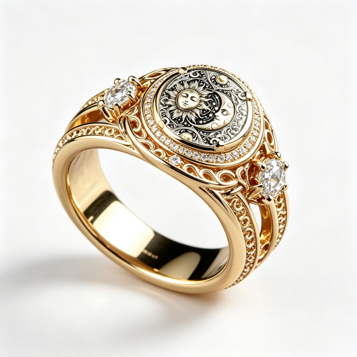Vintage Sun Moon Embossed Hollow Diamond Ring, S925 Silver 14K Gold Plated Royal Carved Luxury Band For Couple