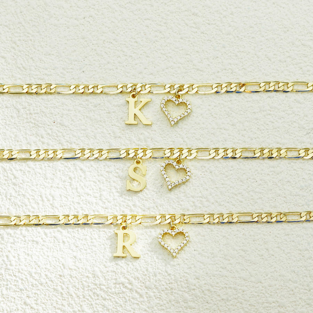 Double Layer Initial & Heart diamond Anklet (Gold Personalized Foot Jewelry)