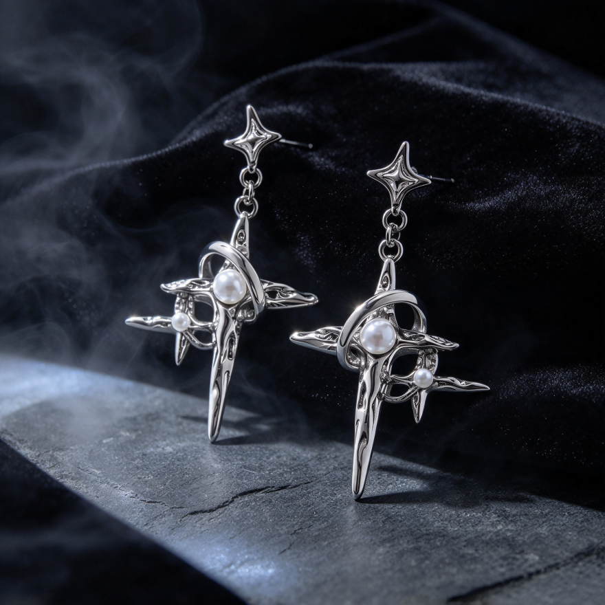 Star Wrapped Pearl Cross S925 Silver Drop Earrings