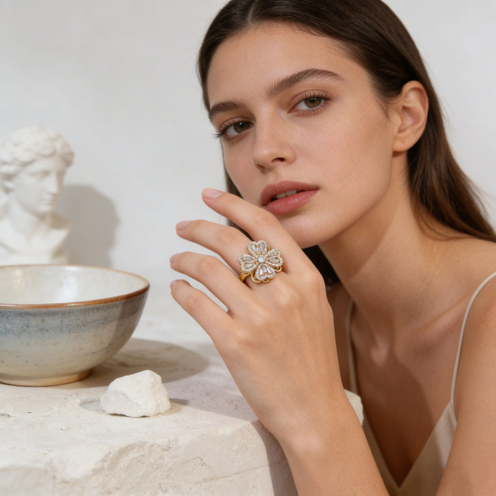 Gold Five-Petal Flower S925 Silver Ring, Luxury Full Diamond 3D Floral Ring, Elegant Inlaid Diamond Adjustable Ring for Banquet