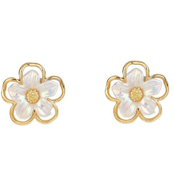 Double-layer Iridescent Flower S925 Silver Stud Earrings, Elegant Hollow Petal Earrings