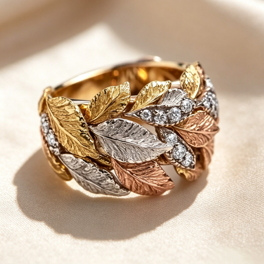S925 Silver Tri‑Tone Intertwined Leaf Diamond Wide Band Ring, Vintage Heavy‑Craft Foliage Women Ring