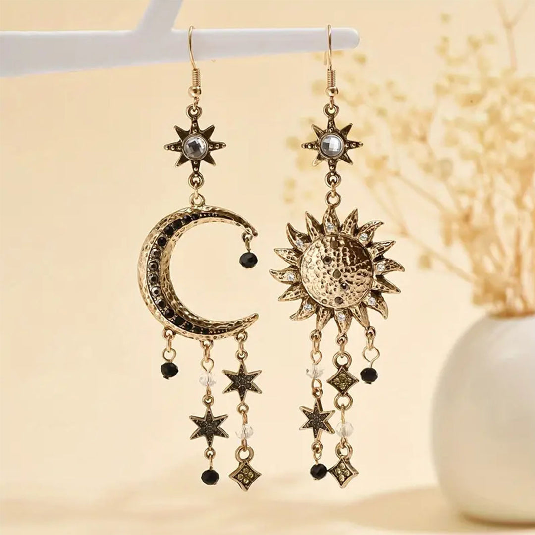 Asymmetric Sun & Moon Star Tassel S925 Silver Hook Earrings, Vintage Long Dangle Earrings with Stars & Gems, Gold / Silver / Antique Bronze Three Tones