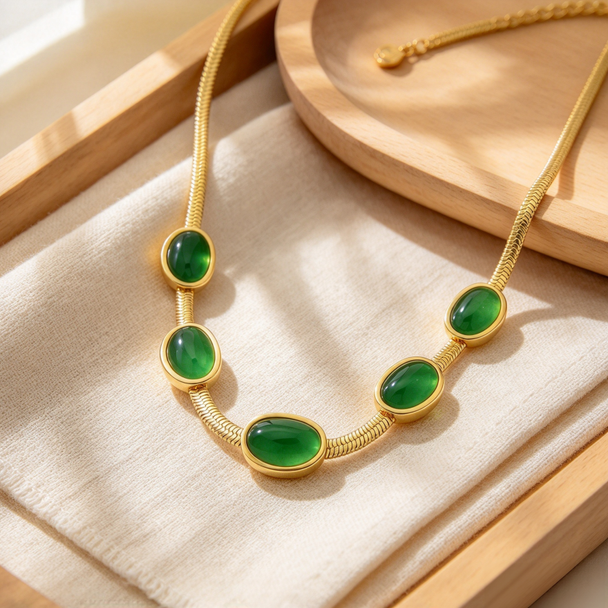 Vintage Oval Green Gemstone Snake Bone Necklace
