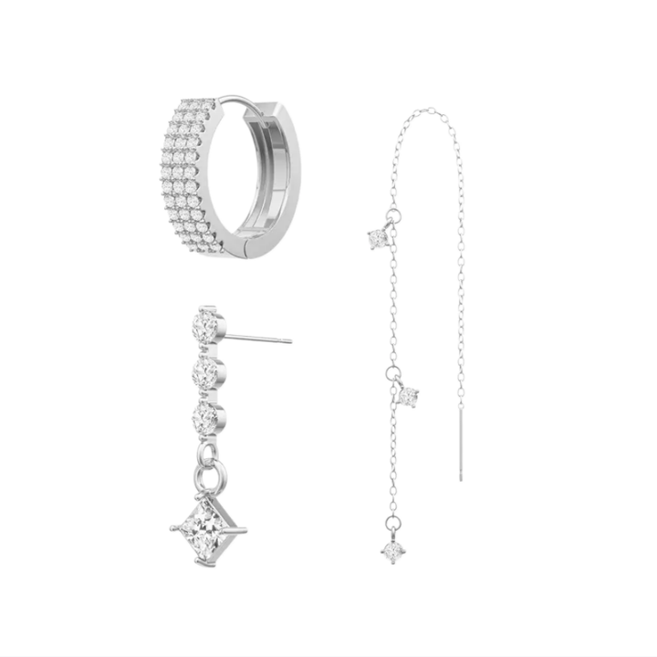 Luxury 3-Piece Diamond Earring Set, Paved Wide Hoops + Linear Square Drop Studs + Multi-Stone Threader Earrings Gold & Silver Jewelry Kit