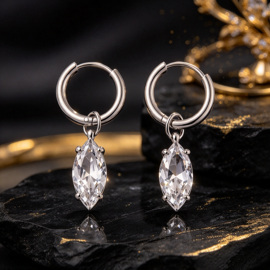Marquise Diamond S925 Silver Huggie Earrings, Simple Teardrop Dangle Hoop Earrings, Elegant Earrings for Women, Gold / Silver Two Colors Available