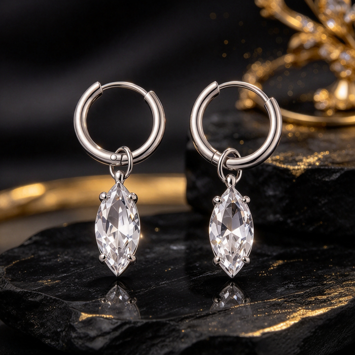 Marquise Diamond S925 Silver Huggie Earrings, Simple Teardrop Dangle Hoop Earrings, Elegant Earrings for Women, Gold / Silver Two Colors Available