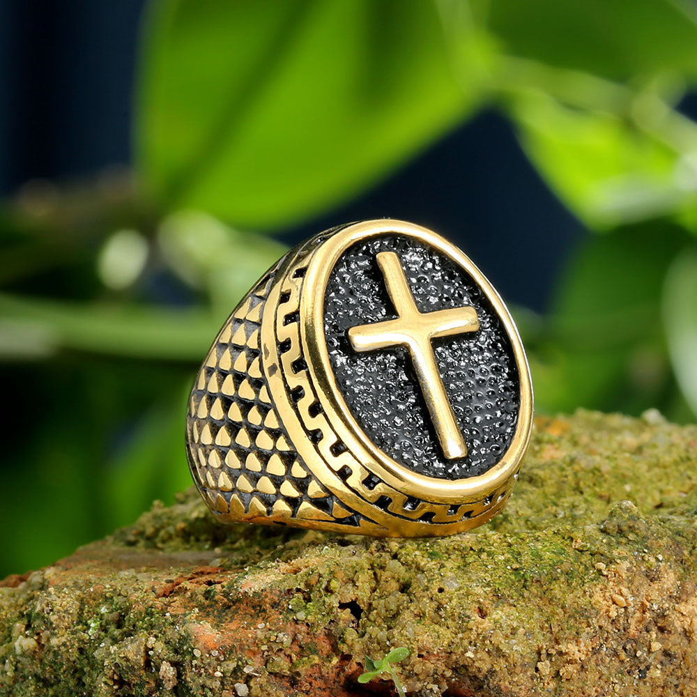 Vintage Embossed Cross Signet Ring, S925 Silver 14K Gold Plated Ethnic Pattern Faith Band For Men