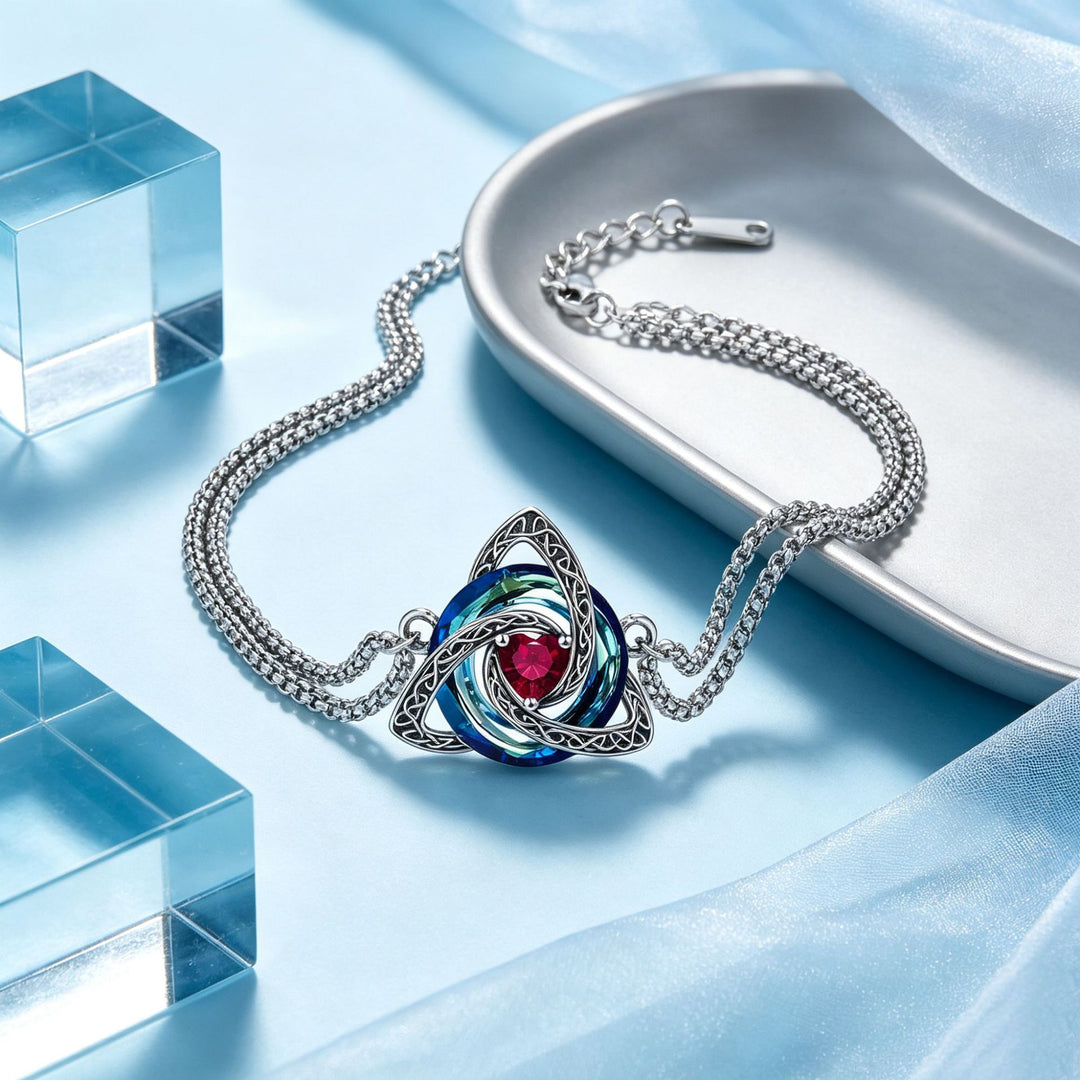 Celtic Knot 12 Birthstone Double Chain Bracelet, S925 Silver Vintage Trinity Knot Birthday Bracelet