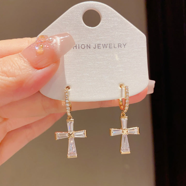 S925 Silver Cross Huggie Earrings, Minimalist Tapered Baguette Diamond Cross Drop Earrings in Gold & Silver