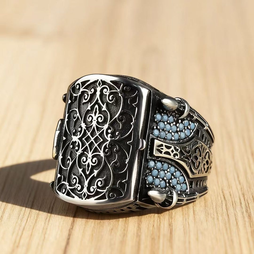 Vintage‑Engraved Hollow Turquoise Wide‑Band Men’s Ring